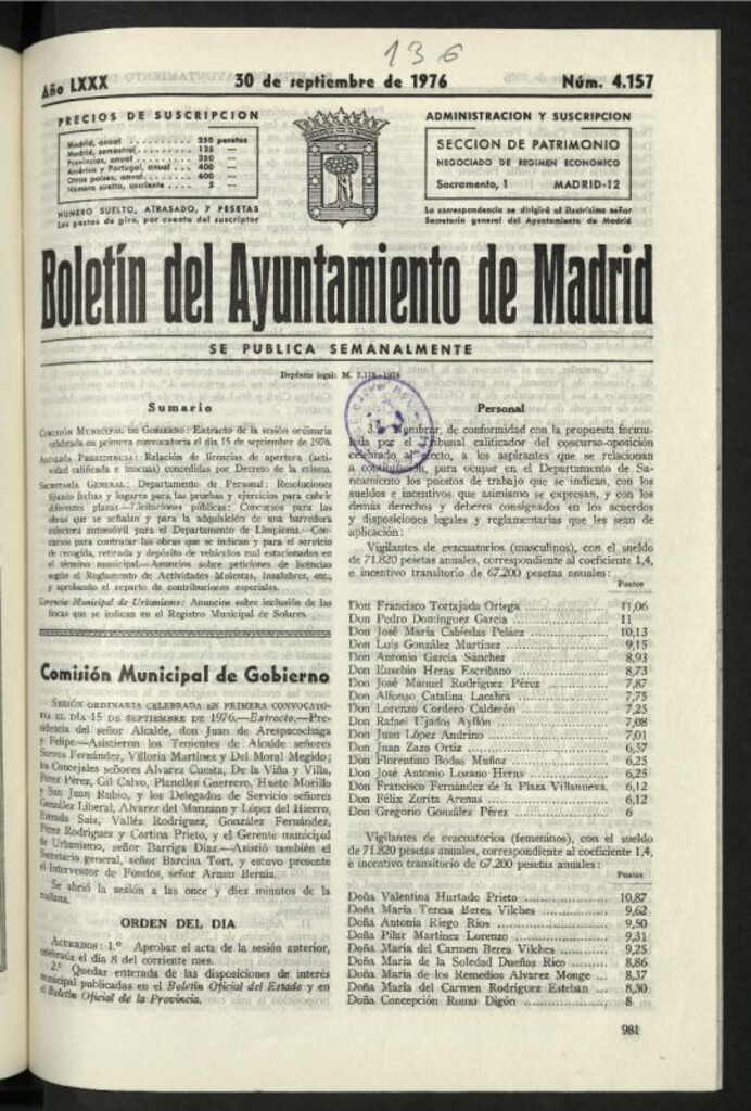 Miniatura de Boletín oficial del Ayuntamiento del 30 de septiembre de 1976, nº 4157