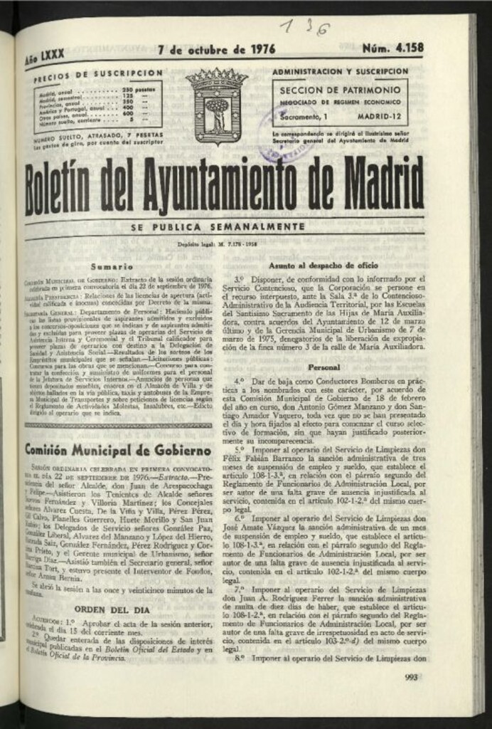 Miniatura de Boletín oficial del Ayuntamiento del 7 de octubre de 1976, nº 4158