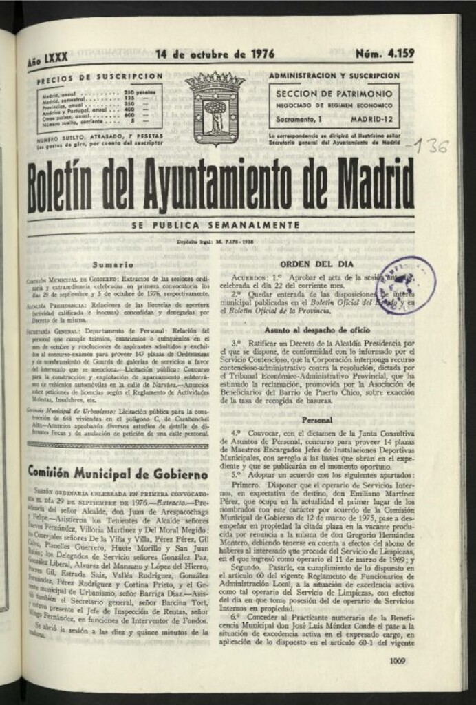 Miniatura de Boletín oficial del Ayuntamiento del 14 de octubre de 1976, nº 4159
