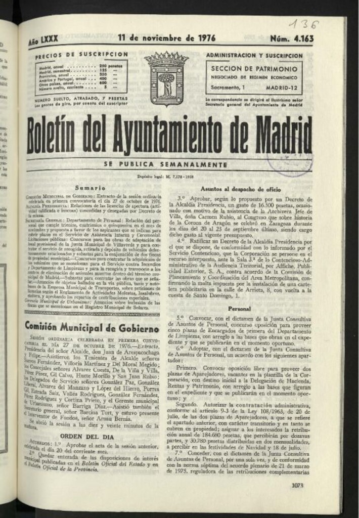 Miniatura de Boletín oficial del Ayuntamiento del 11 de noviembre de 1976, nº 4163