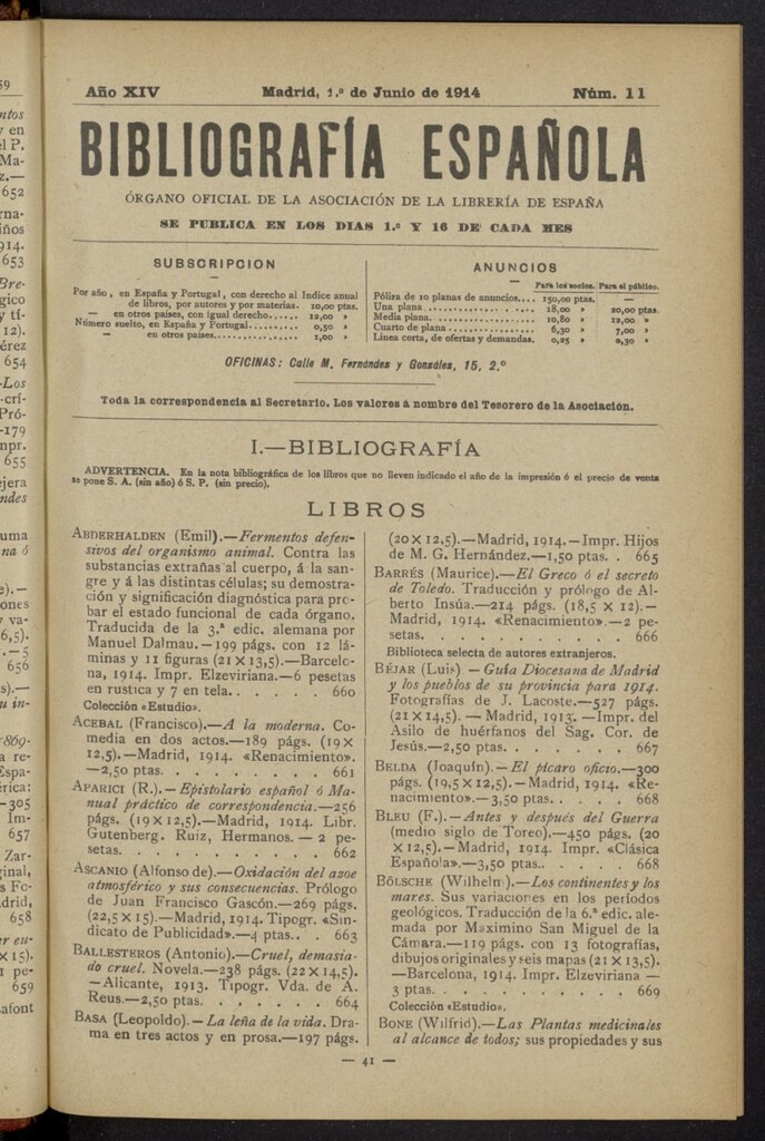 Miniatura de Bibliografía Española del 1 de junio de 1914
