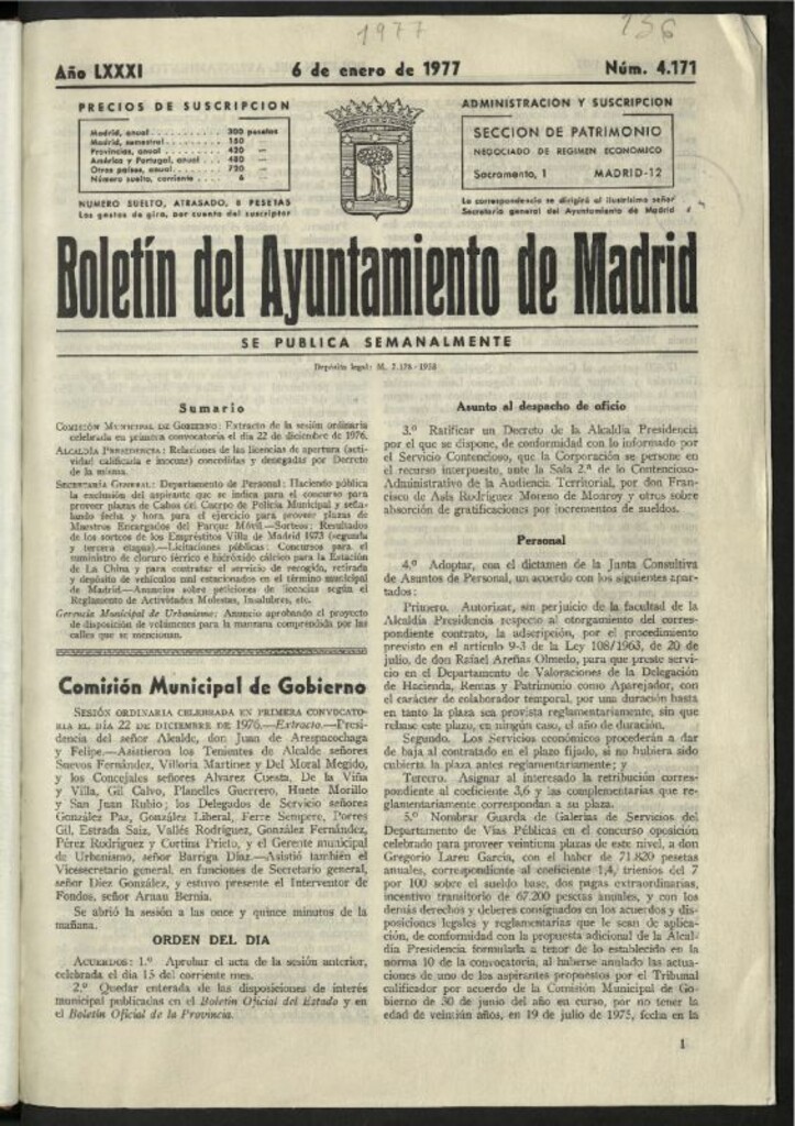Miniatura de Boletín oficial del Ayuntamiento del 6 de enero de 1977, nº 4171