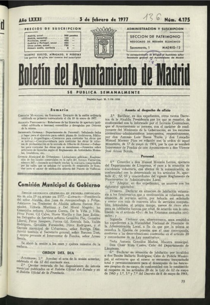 Miniatura de Boletín oficial del Ayuntamiento del 3 de febrero de 1977, nº 4175