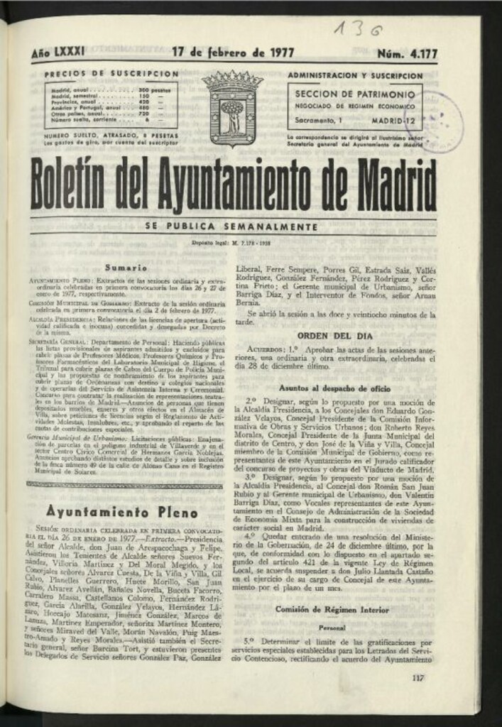 Miniatura de Boletín oficial del Ayuntamiento del 17 de febrero de 1977, nº 4177