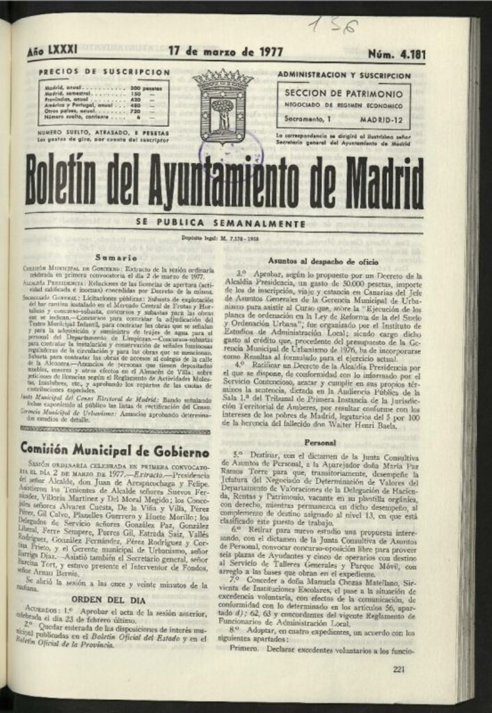 Miniatura de Boletín oficial del Ayuntamiento del 17 de marzo de 1977, nº 4181