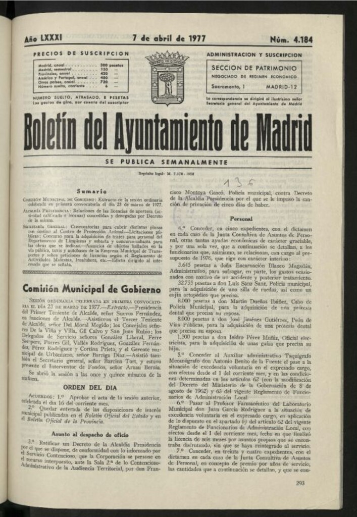 Miniatura de Boletín oficial del Ayuntamiento del 7 de abril de 1977, nº 4184