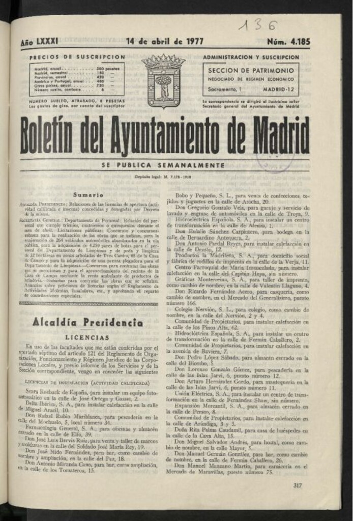 Miniatura de Boletín oficial del Ayuntamiento del 14 de abril de 1977, nº 4185
