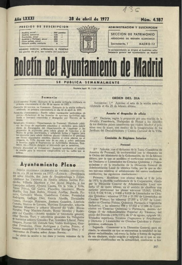 Miniatura de Boletín oficial del Ayuntamiento del 28 de abril de 1977, nº 4187