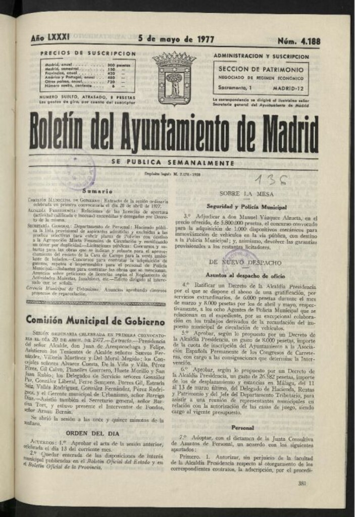 Miniatura de Boletín oficial del Ayuntamiento del 5 de mayo de 1977, nº 4188