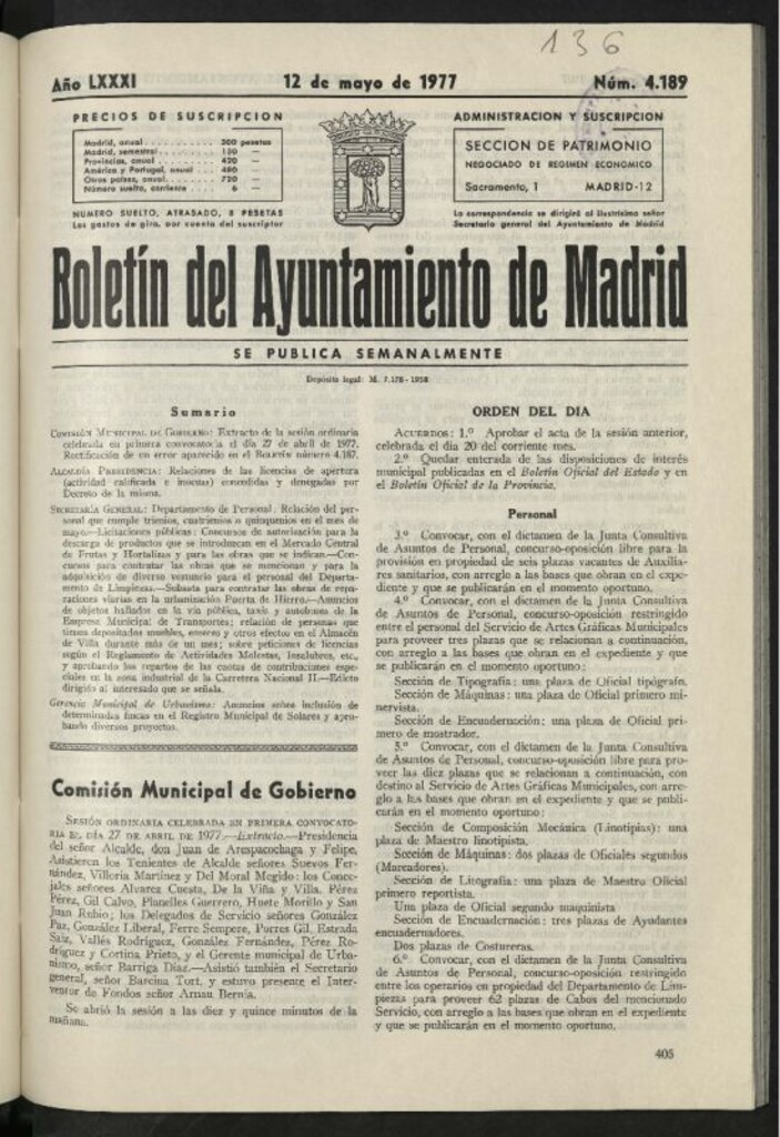 Miniatura de Boletín oficial del Ayuntamiento del 12 de mayo de 1977, nº 4189