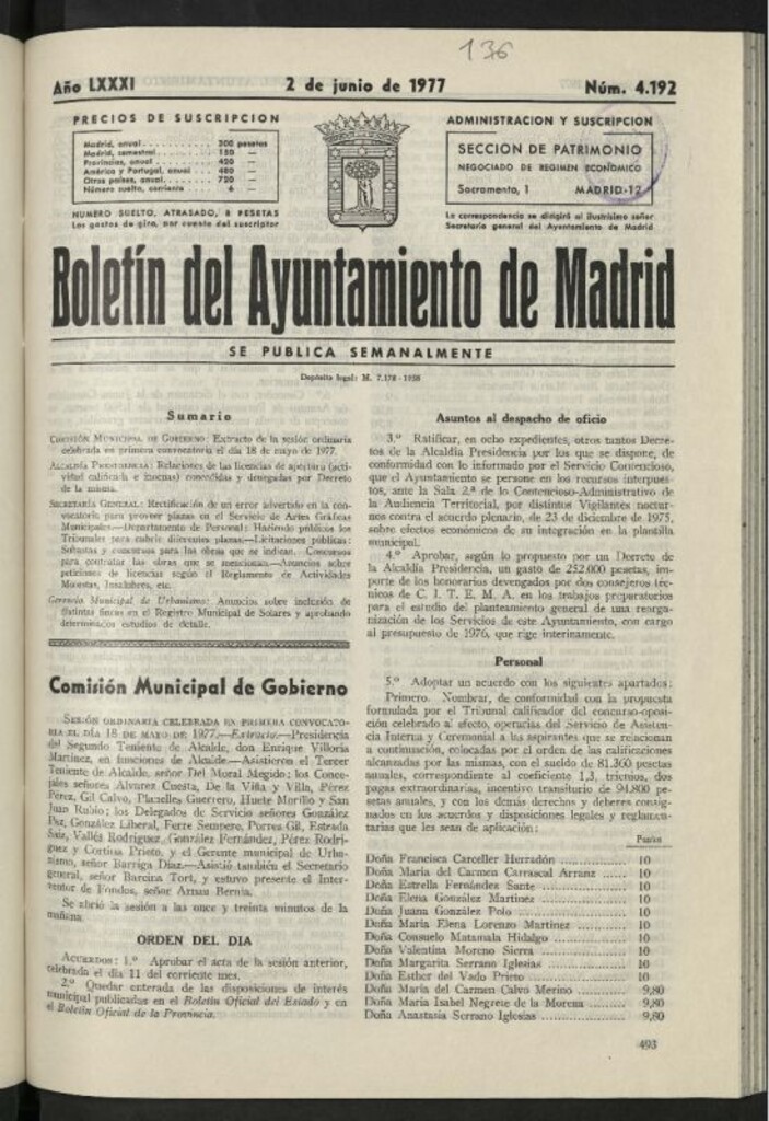 Miniatura de Boletín oficial del Ayuntamiento del 2 de junio de 1977, nº 4192