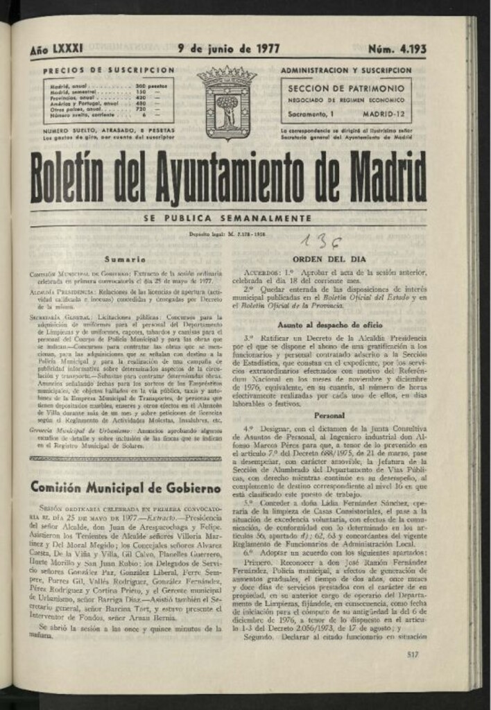 Miniatura de Boletín oficial del Ayuntamiento del 9 de junio de 1977, nº 4193