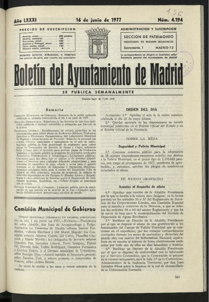 Miniatura de Boletín oficial del Ayuntamiento del 16 de junio de 1977, nº 4194