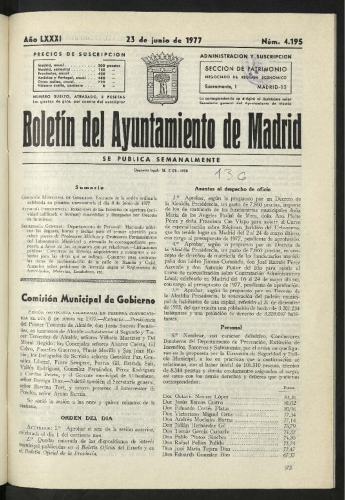 Miniatura de Boletín oficial del Ayuntamiento del 23 de junio de 1977, nº 4195