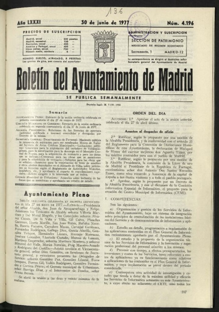 Miniatura de Boletín oficial del Ayuntamiento del 30 de junio de 1977, nº 4196
