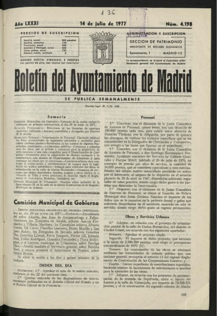 Miniatura de Boletín oficial del Ayuntamiento del 14 de julio de 1977, nº 4198
