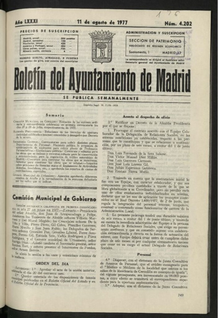 Miniatura de Boletín oficial del Ayuntamiento del 11 de agosto de 1977, nº 4202