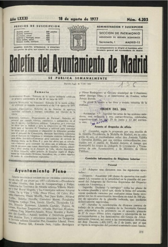 Miniatura de Boletín oficial del Ayuntamiento del 18 de agosto de 1977, nº 4203