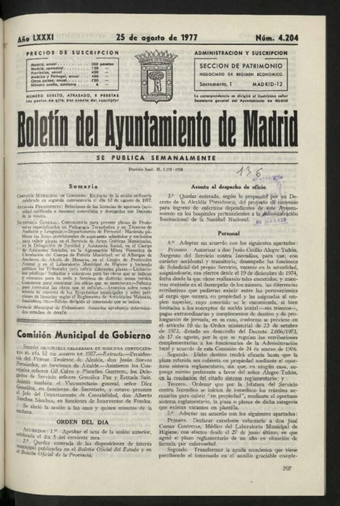 Miniatura de Boletín oficial del Ayuntamiento del 25 de agosto de 1977, nº 4204