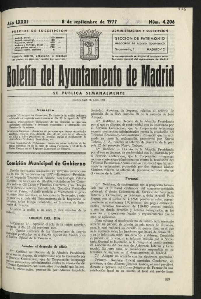 Miniatura de Boletín oficial del Ayuntamiento del 8 de septiembre de 1977, nº 4206