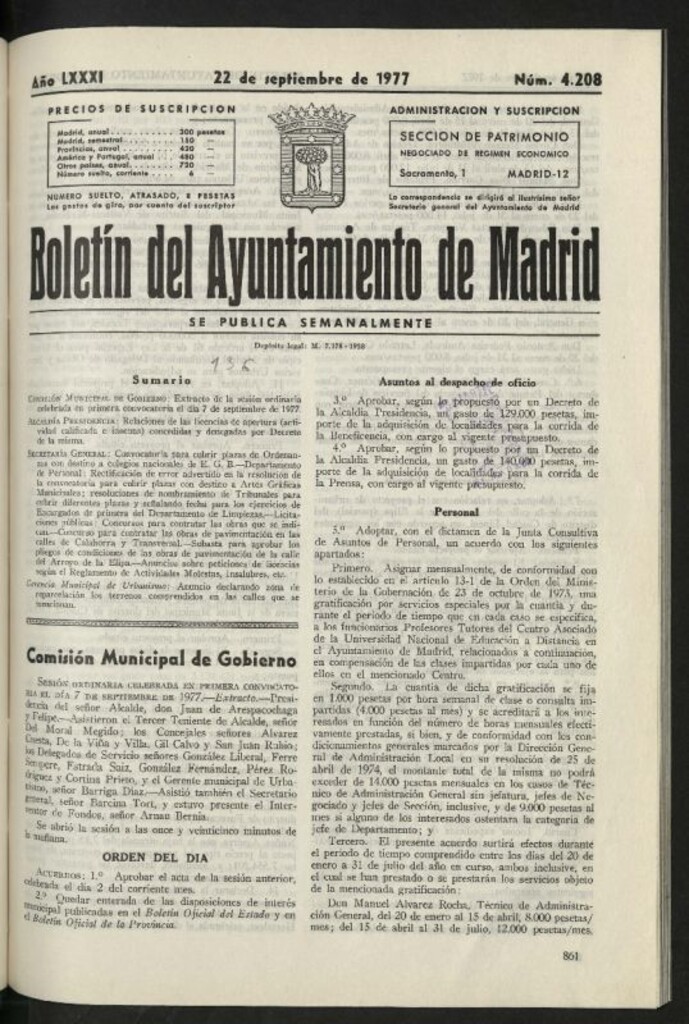 Miniatura de Boletín oficial del Ayuntamiento del 22 de septiembre de 1977, nº 4208