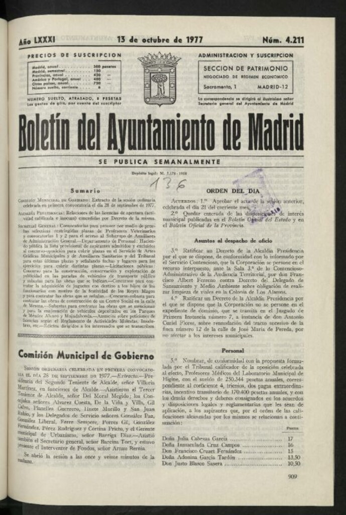 Miniatura de Boletín oficial del Ayuntamiento del 13 de octubre de 1977, nº 4211