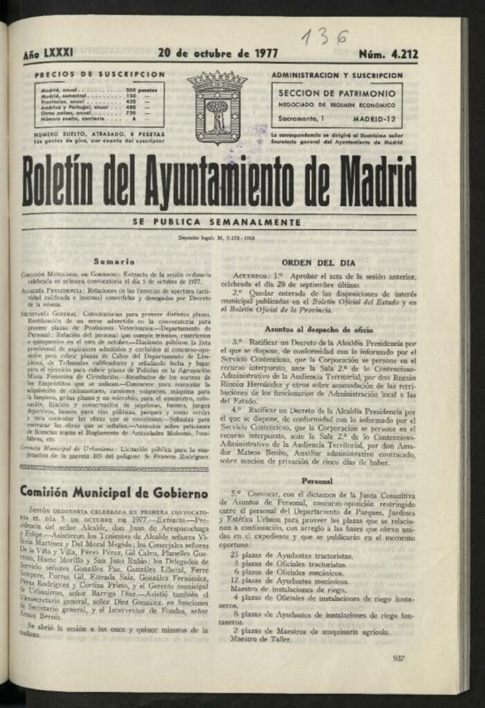 Miniatura de Boletín oficial del Ayuntamiento del 20 de octubre de 1977, nº 4212