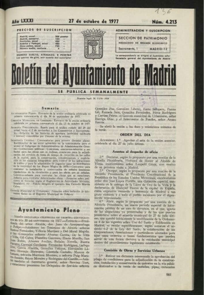 Miniatura de Boletín oficial del Ayuntamiento del 27 de octubre de 1977, nº 4213