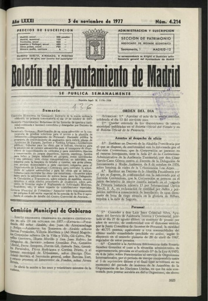Miniatura de Boletín oficial del Ayuntamiento del 3 de noviembre de 1977, nº 4214