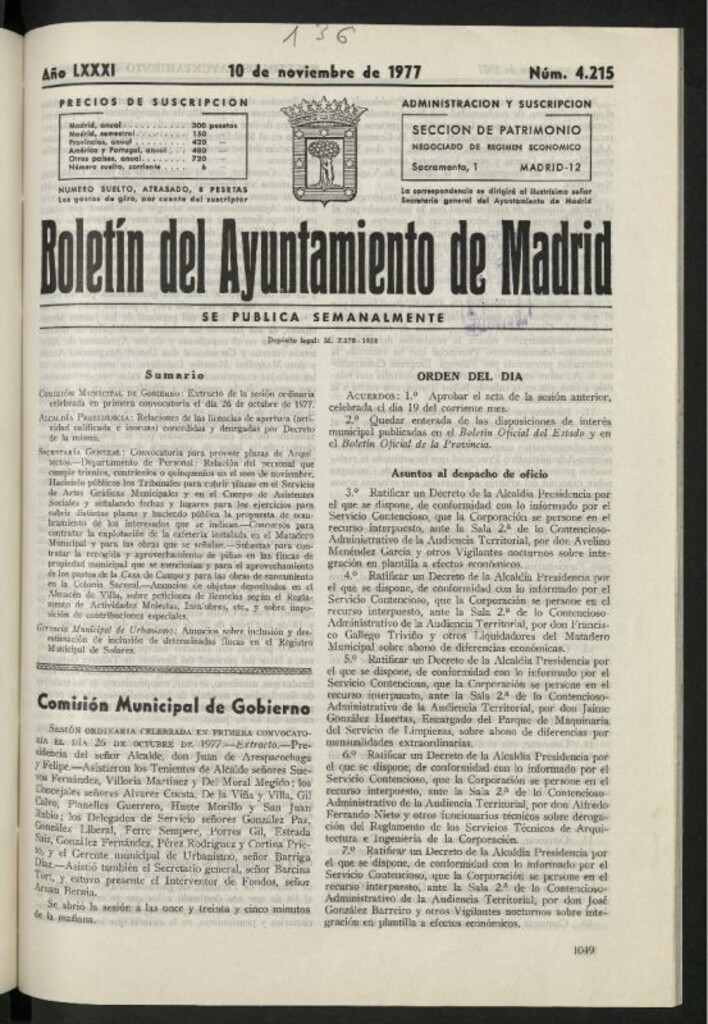 Miniatura de Boletín oficial del Ayuntamiento del 10 de noviembre de 1977, nº 4215