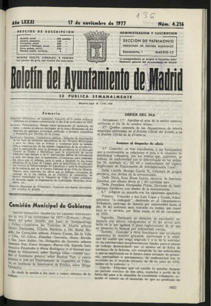 Miniatura de Boletín oficial del Ayuntamiento del 17 de noviembre de 1977, nº 4216