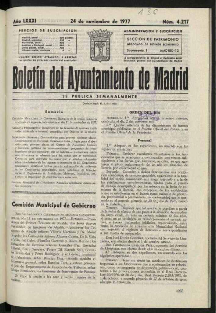 Miniatura de Boletín oficial del Ayuntamiento del 24 de noviembre de 1977, nº 4217