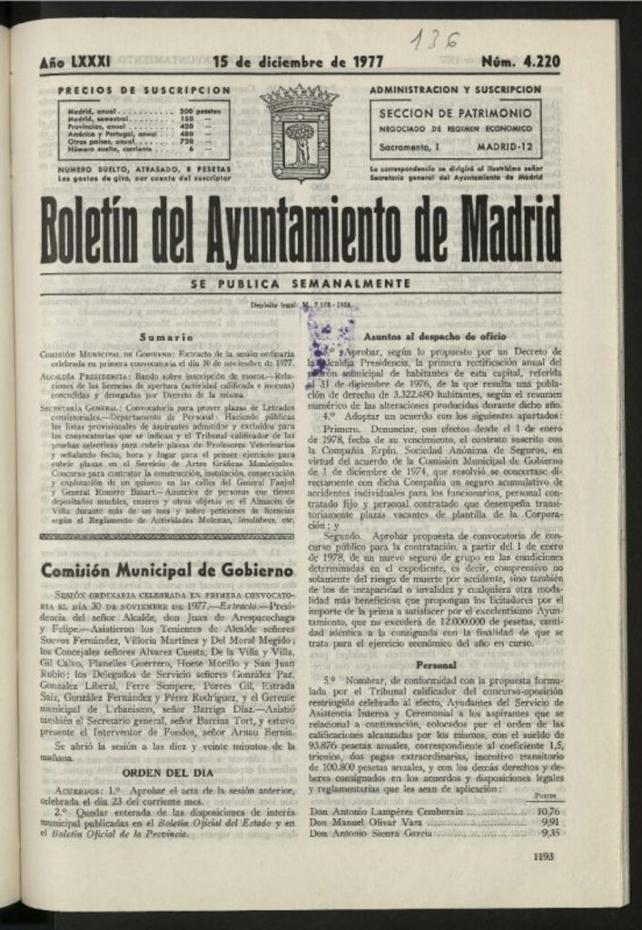 Miniatura de Boletín oficial del Ayuntamiento del 15 de diciembre de 1977, nº 4220