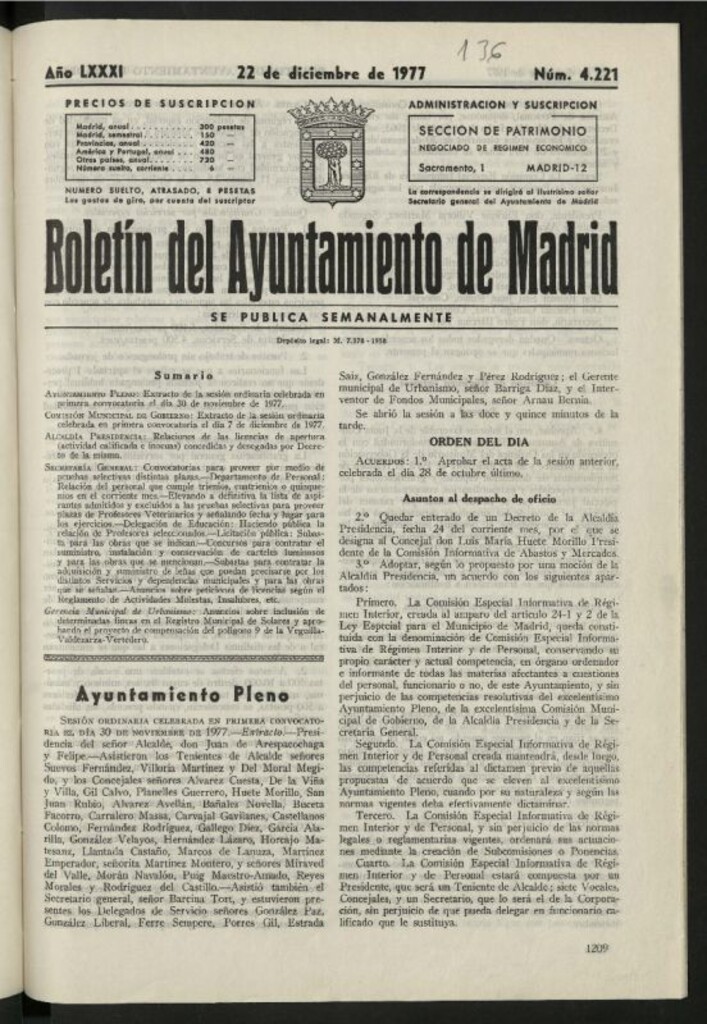 Miniatura de Boletín oficial del Ayuntamiento del 22 de diciembre de 1977, nº 4221