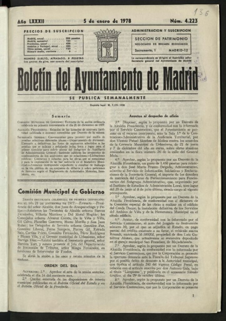 Miniatura de Boletín oficial del Ayuntamiento del 5 de enero de 1978, nº 4223