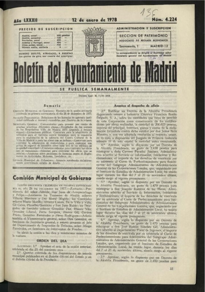 Miniatura de Boletín oficial del Ayuntamiento del 12 de enero de 1978, nº 4224