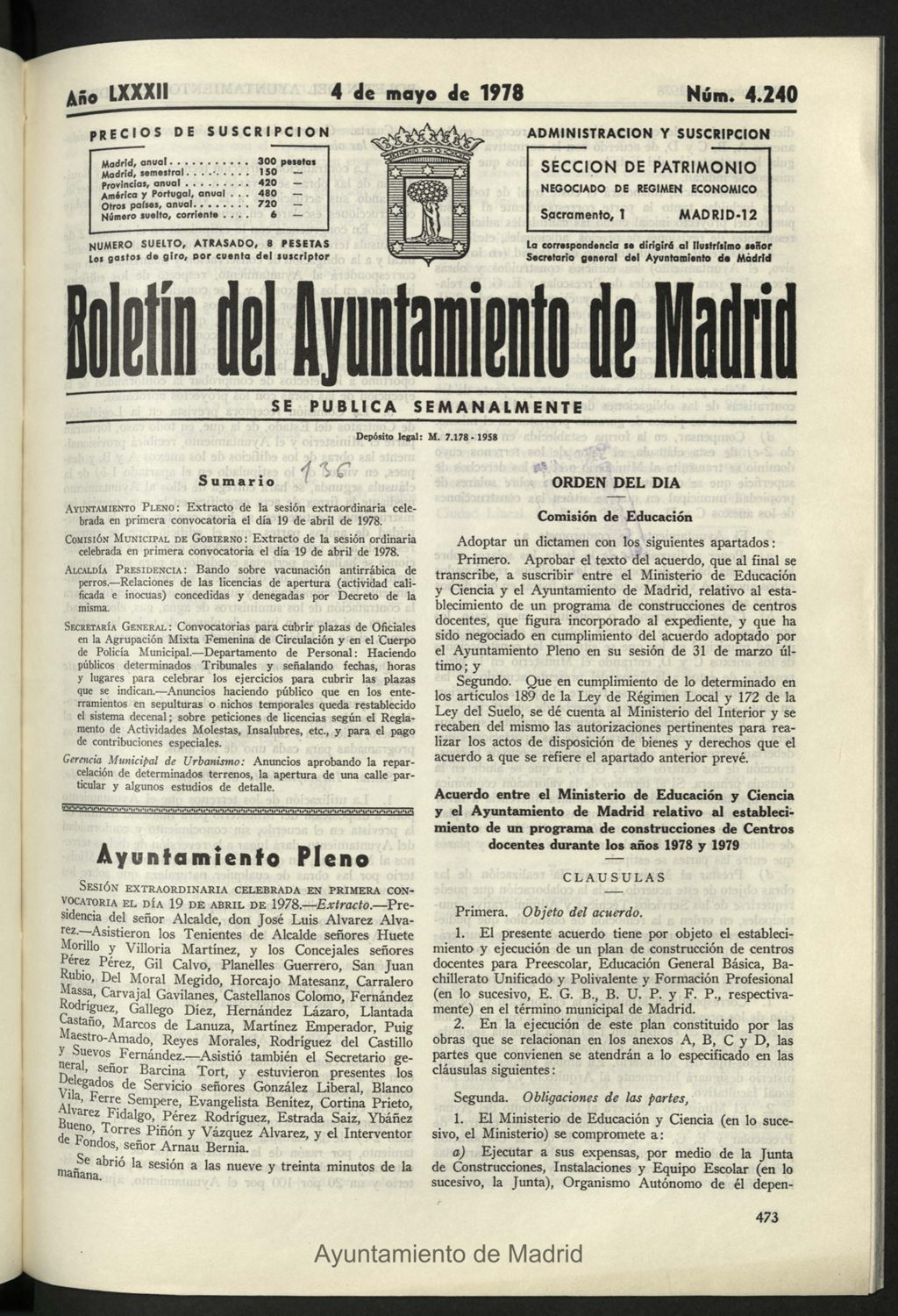 Miniatura de Boletín oficial del Ayuntamiento del 4 de mayo de 1978, nº 4240