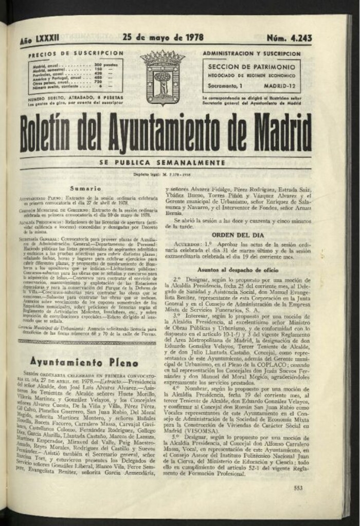 Miniatura de Boletín oficial del Ayuntamiento del 25 de mayo de 1978, nº 4243