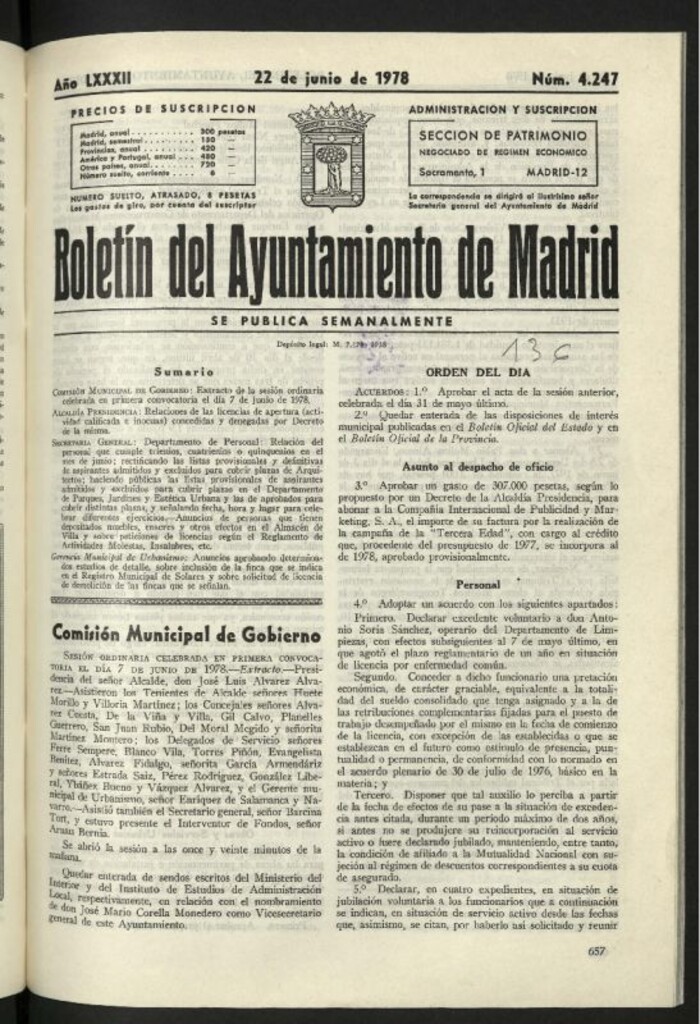 Miniatura de Boletín oficial del Ayuntamiento del 22 de junio de 1978, nº 4247