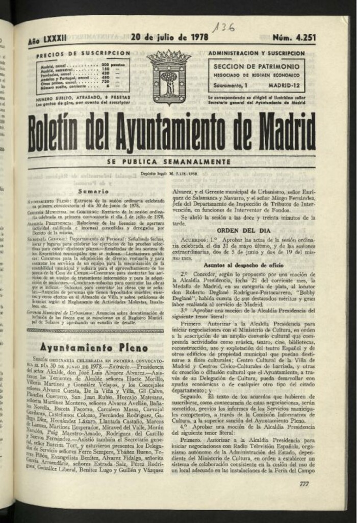 Miniatura de Boletín oficial del Ayuntamiento del 20 de julio de 1978, nº 4251