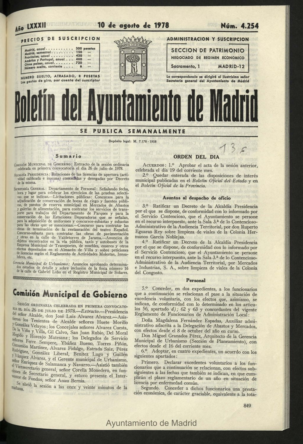 Miniatura de Boletín oficial del Ayuntamiento del 10 de agosto de 1978, nº 4254