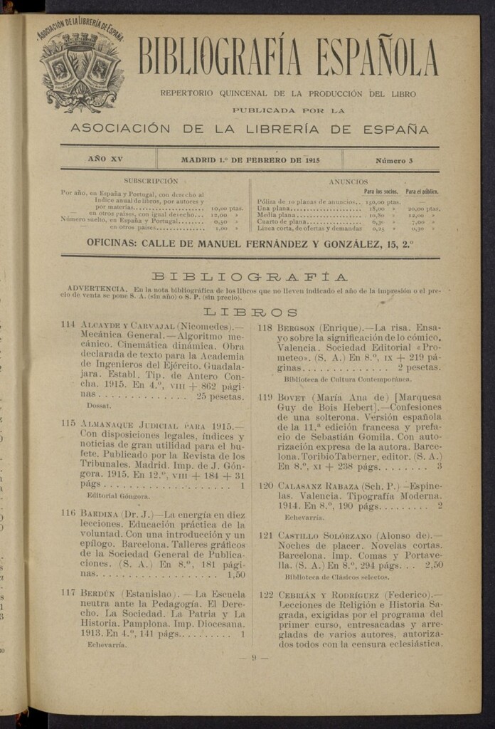 Miniatura de Bibliografía Española del 1 de febrero de 1915