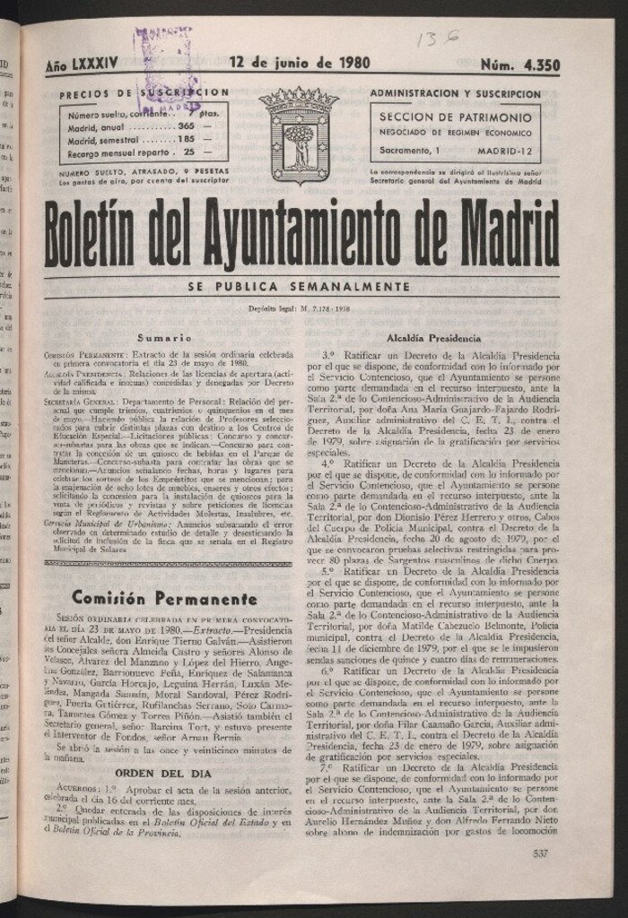 Miniatura de Boletín del Ayuntamiento de Madrid del 12 de junio de 1980