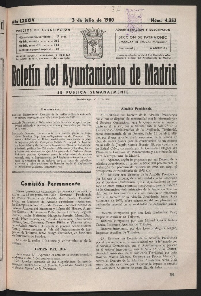 Miniatura de Boletín del Ayuntamiento de Madrid del 3 de julio de 1980
