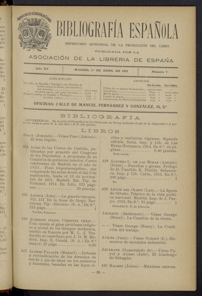 Miniatura de Bibliografía Española del 1 de abril de 1915