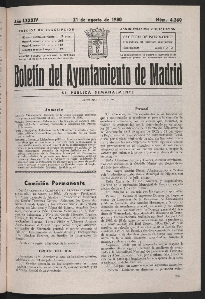 Miniatura de Boletín del Ayuntamiento de Madrid del 21 de agosto de 1980