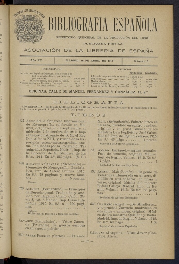 Miniatura de Bibliografía Española del 16 de abril de 1915