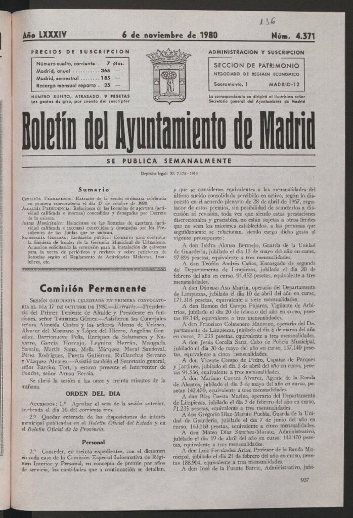 Miniatura de Boletín del Ayuntamiento de Madrid del 6 de noviembre de 1980