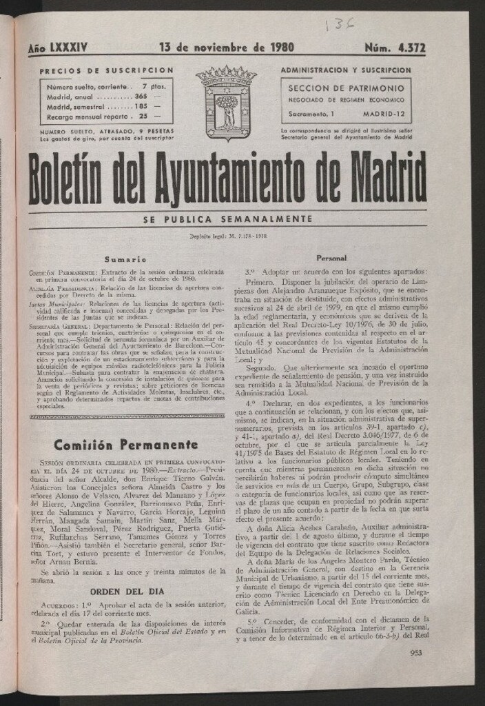 Miniatura de Boletín del Ayuntamiento de Madrid del 13 de noviembre de 1980