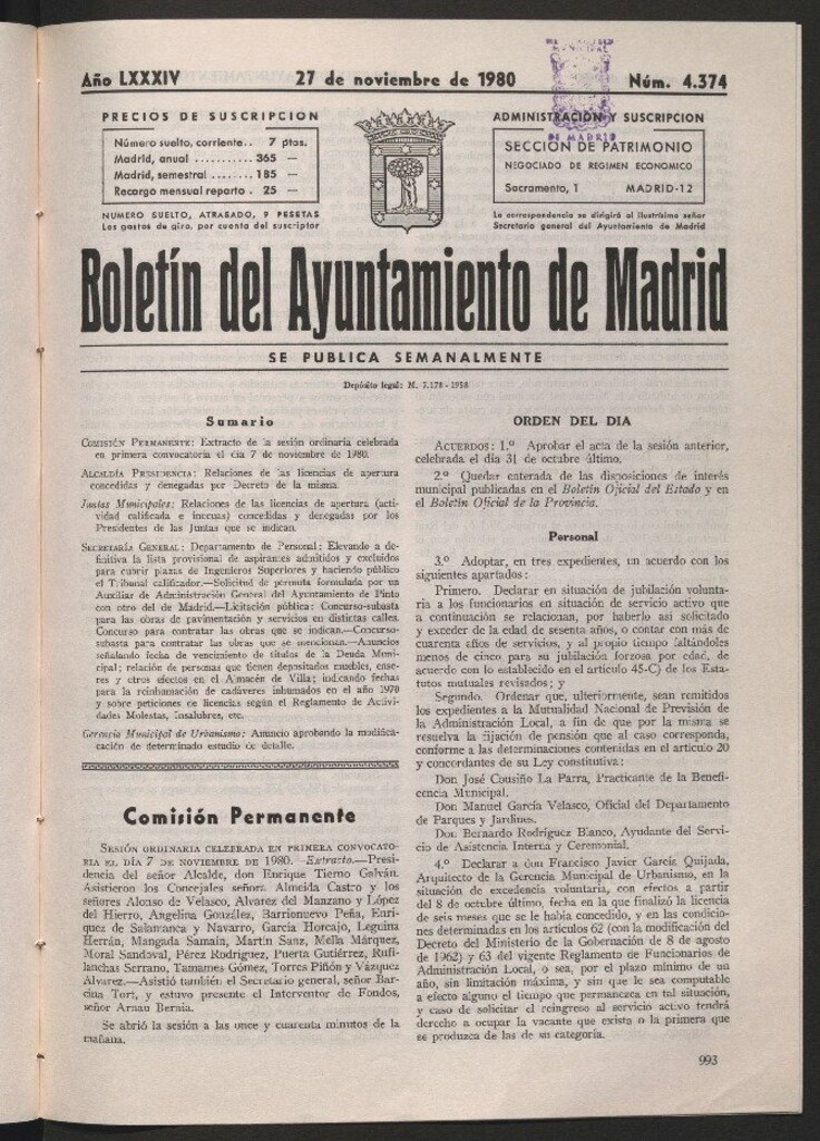 Miniatura de Boletín del Ayuntamiento de Madrid del 27 de noviembre de 1980